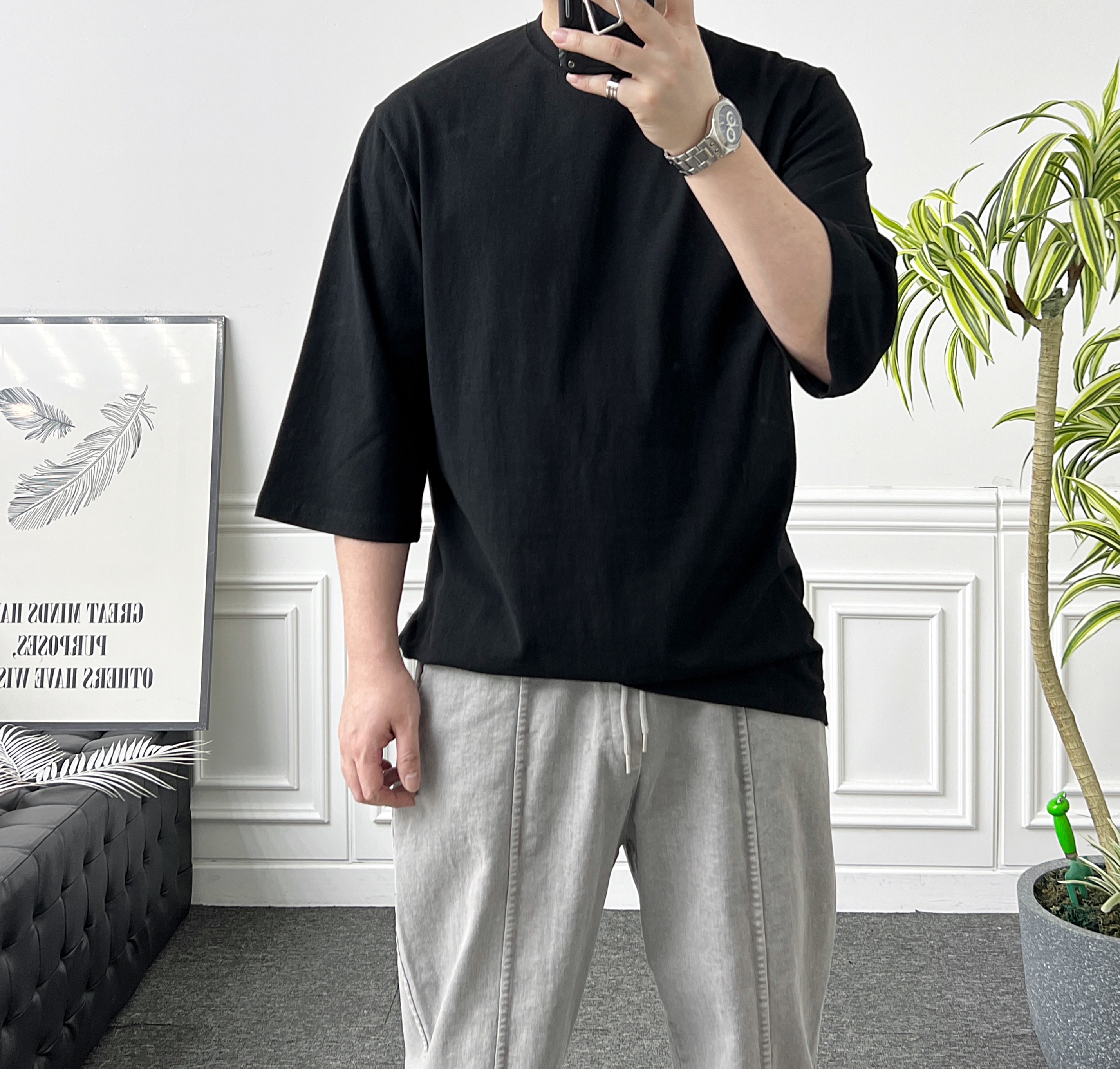 남자 오버핏 옆트임 무지 7부 티셔츠 이미지 8