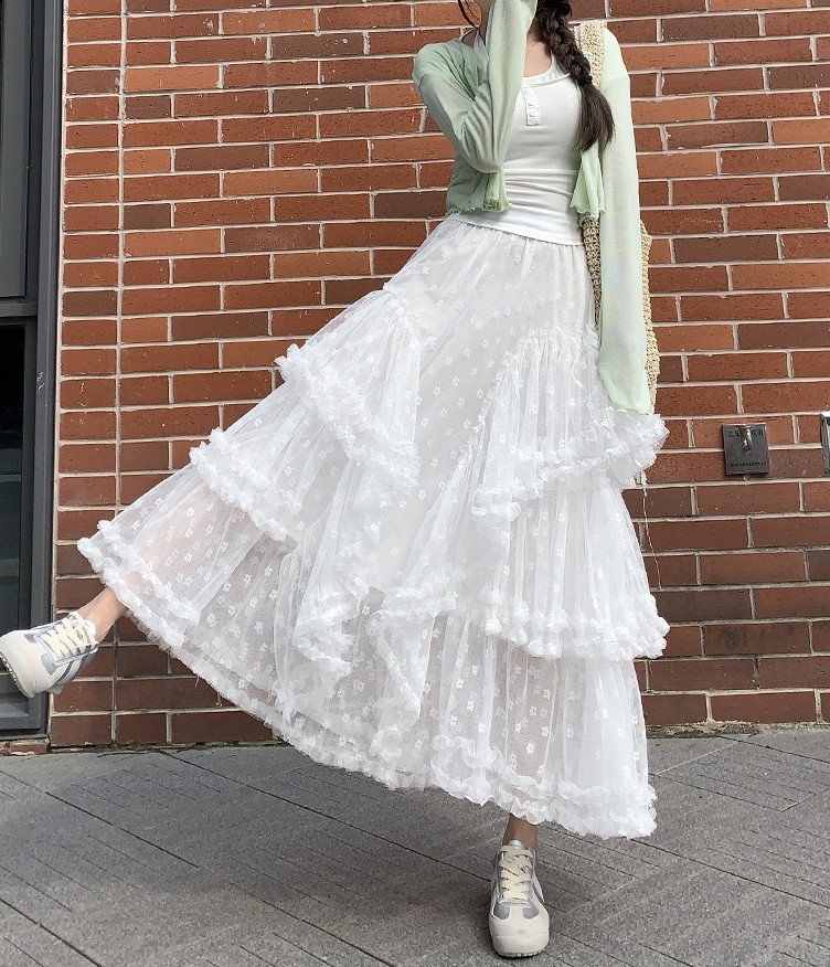 끝단말끔손질 풍성 자수 시스루롱 샤스커트 레이스 망사 플레어치마 A라인 양프릴 블랙 - 상세 이미지 2