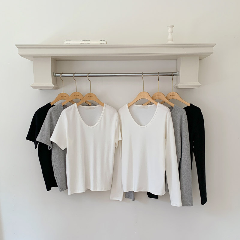 [자체제작] (프리미엄 원단) 에스 말랑쫀득 사계절 유브이넥 티셔츠 ts4327