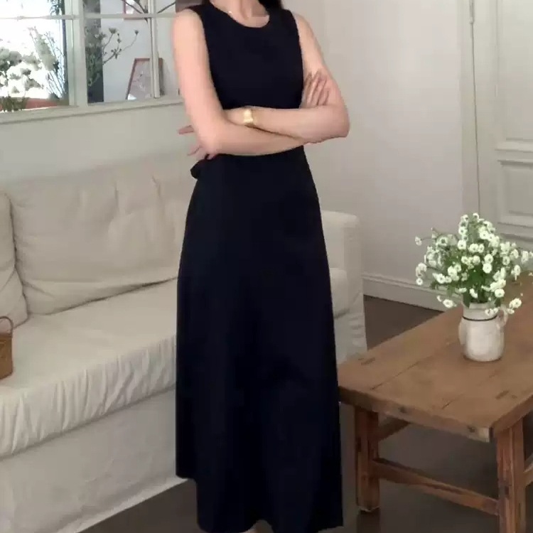 민소매 여름 원피스 뒷리본포인트 블랙 화이트 심플 클래식 휴가 청순 무난 2컬러 - 상세 이미지 4