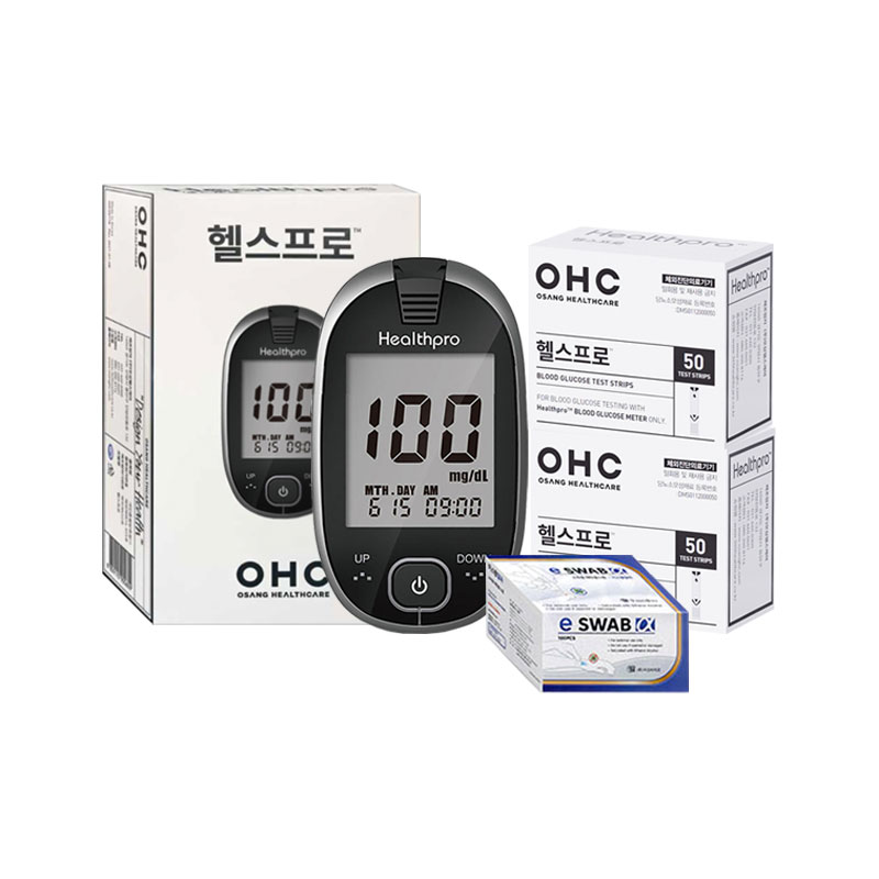 헬스프로 혈당계 세트 혈당측정기+시험지100매+알콜솜100개