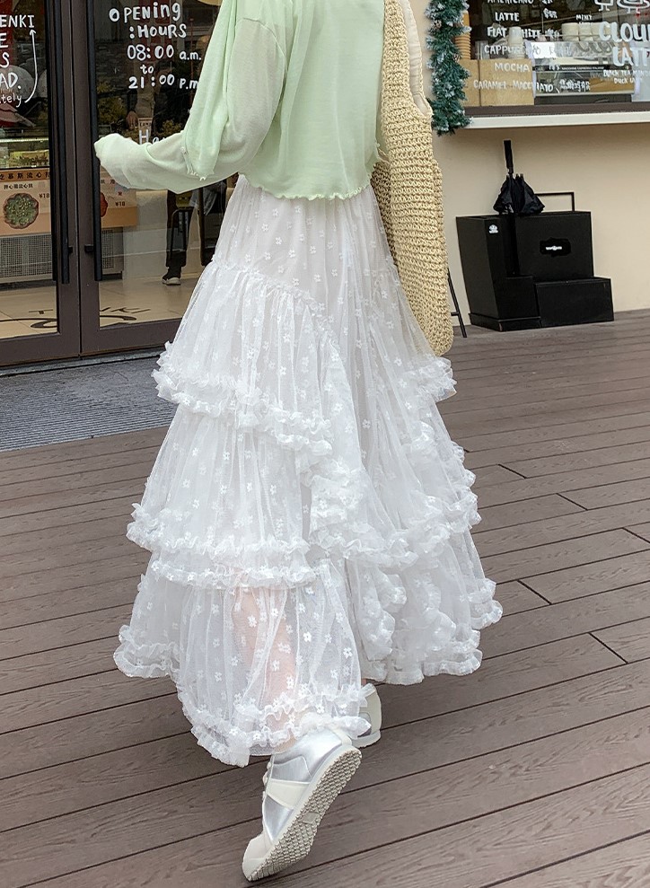 끝단말끔손질 풍성 자수 시스루롱 샤스커트 레이스 망사 플레어치마 A라인 양프릴 블랙 - 상세 이미지 3