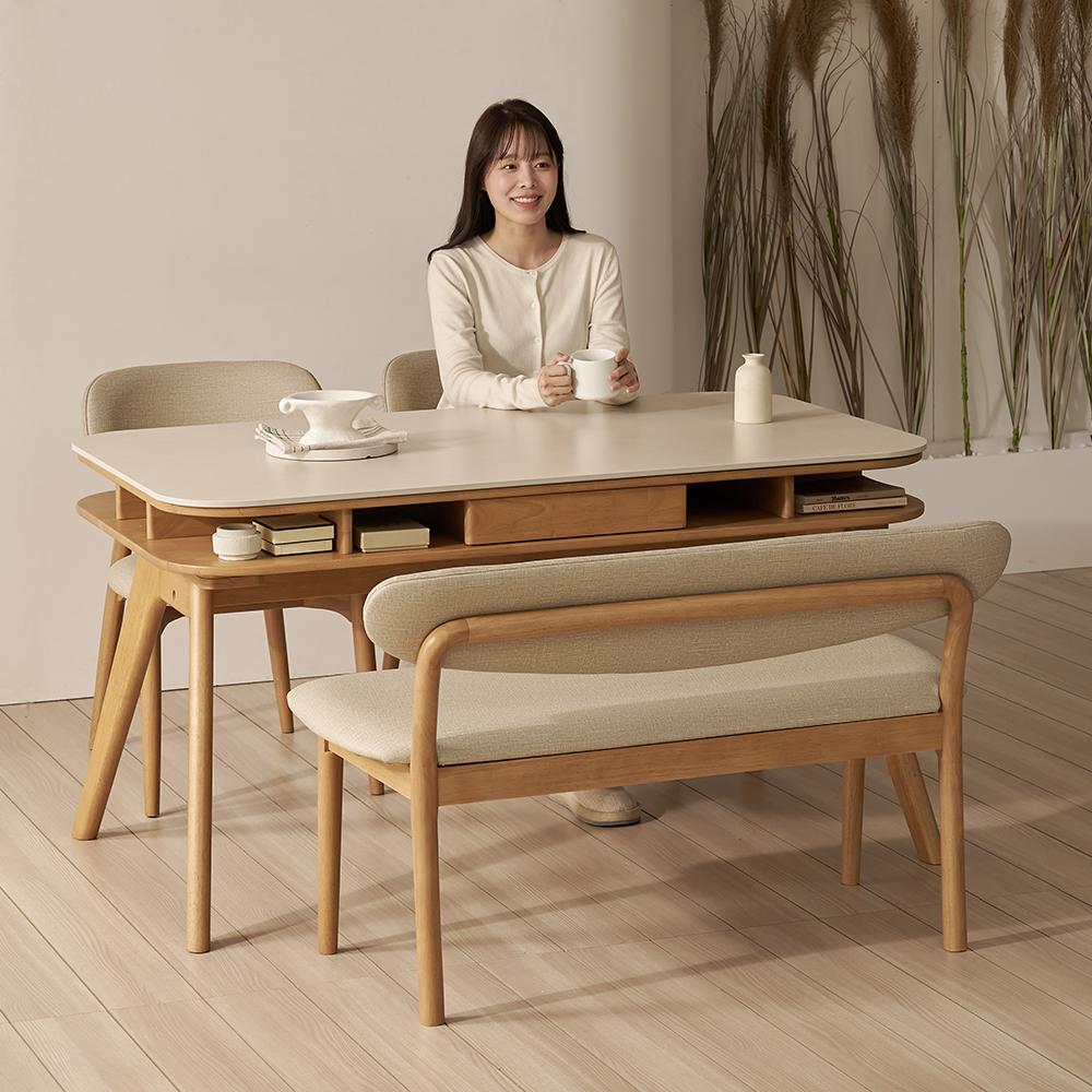 오슬로 4인용 원목 수납 포세린 세라믹 식탁세트 식탁+의자4, 1400mm, 쿠키 이미지 3