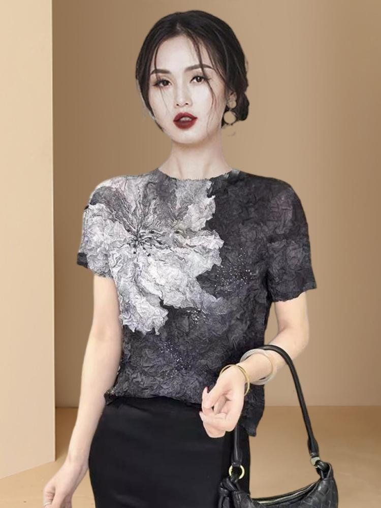 블랙 라인 댄스복 상의 화려한 쉬폰 2025 봄 신상 티셔츠 라틴 밸리 방송 댄스 상의 - 상세 이미지 5