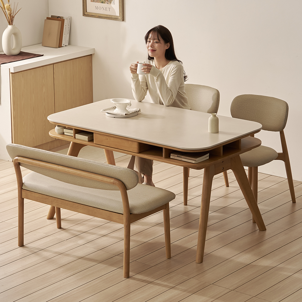 오슬로 4인용 원목 수납 포세린 세라믹 식탁세트 식탁+의자2+벤치1, 1400mm, 쿠키 이미지 1