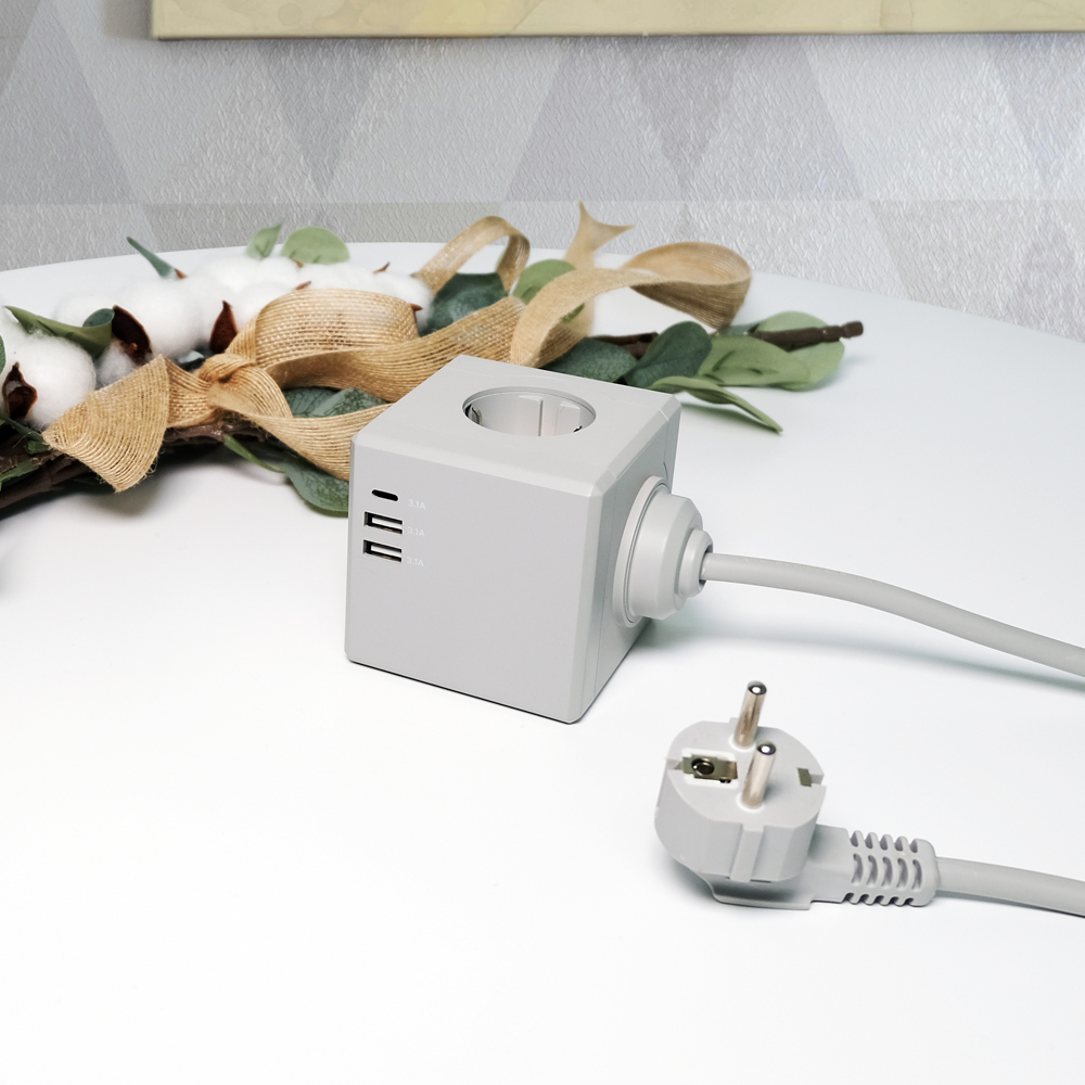 에코너 MT03 큐브 납작 고용량멀티탭 USB C타입충전기 멀티콘센트 3m, 그레이, 1개