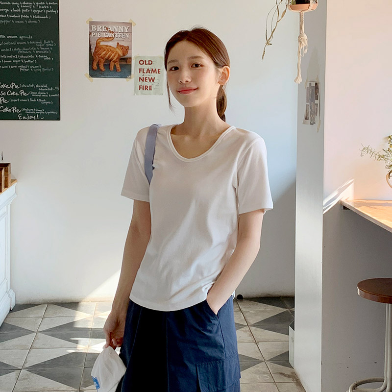 [자체제작] (프리미엄 원단) 에스 말랑쫀득 사계절 유브이넥 티셔츠 ts4327