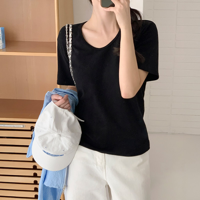 [자체제작] (프리미엄 원단) 에스 말랑쫀득 사계절 유브이넥 티셔츠 ts4327