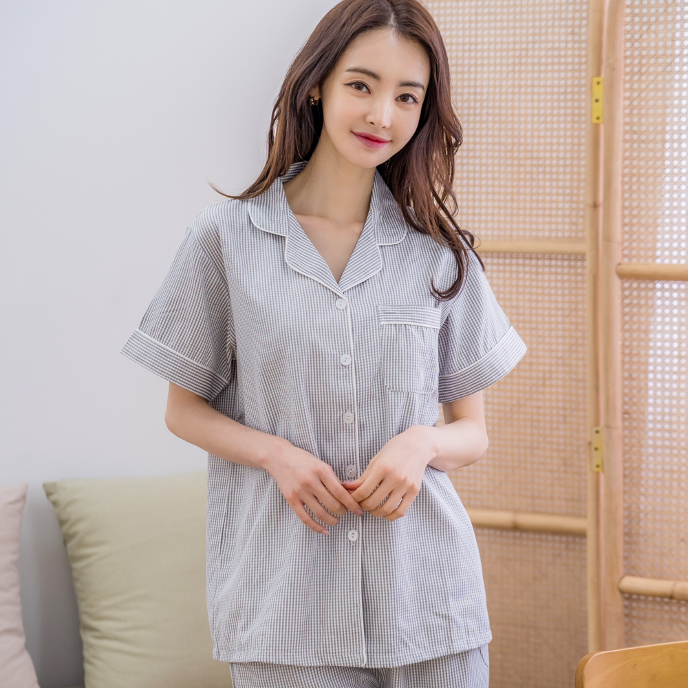 에이원 여자잠옷세트 체크 반팔 카라 파자마 홈웨어 - 상품 이미지
