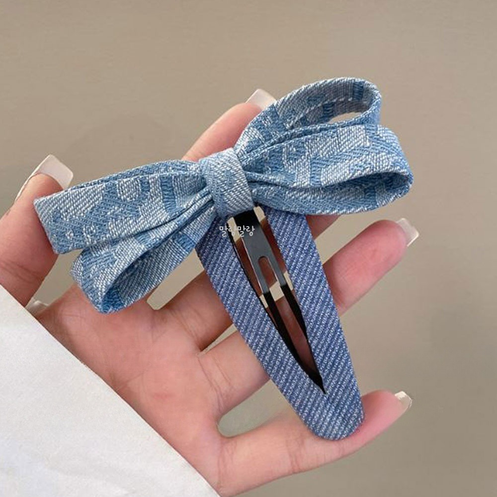 블루 옆머리리본핀 헤어 왕똑딱삔 데님 머리핀 - 상세 이미지 3