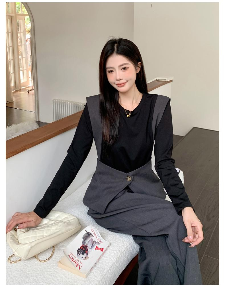 여성 레이어드셔츠 와이드팬츠 세트 빅사이즈 페이크조끼 뱃살커버 투피스 - 상세 이미지 2