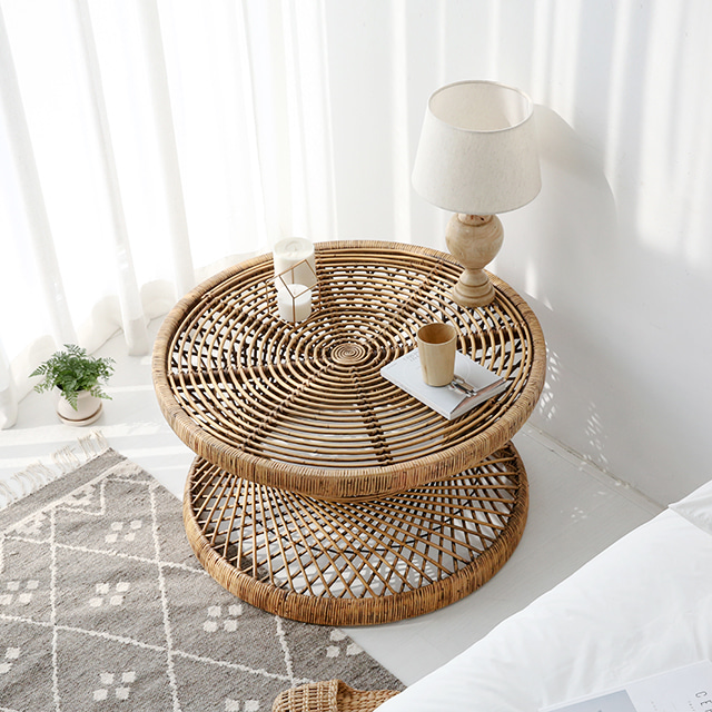 원목 거실테이블 라탄 원형 티테이블 커피 좌식 거실탁자