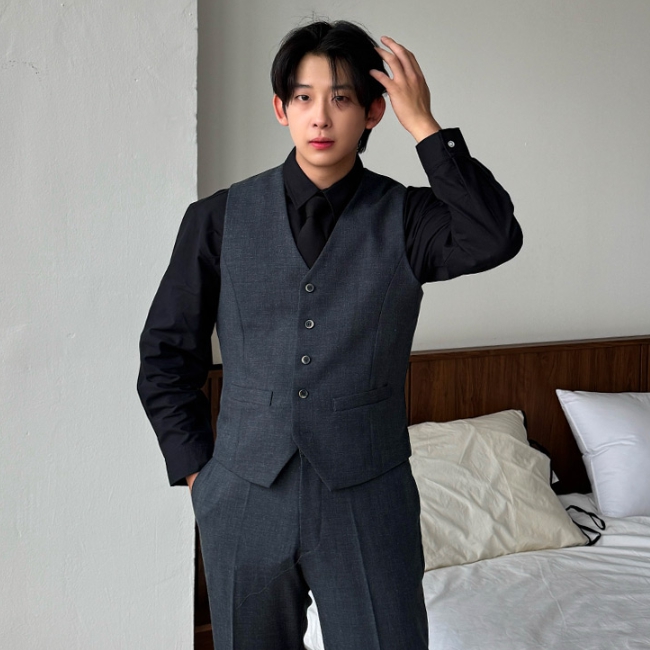남자 어기 봄 가을 보카시 정장 수트 조끼 블랙 네이비 그레이 - 상세 이미지 2