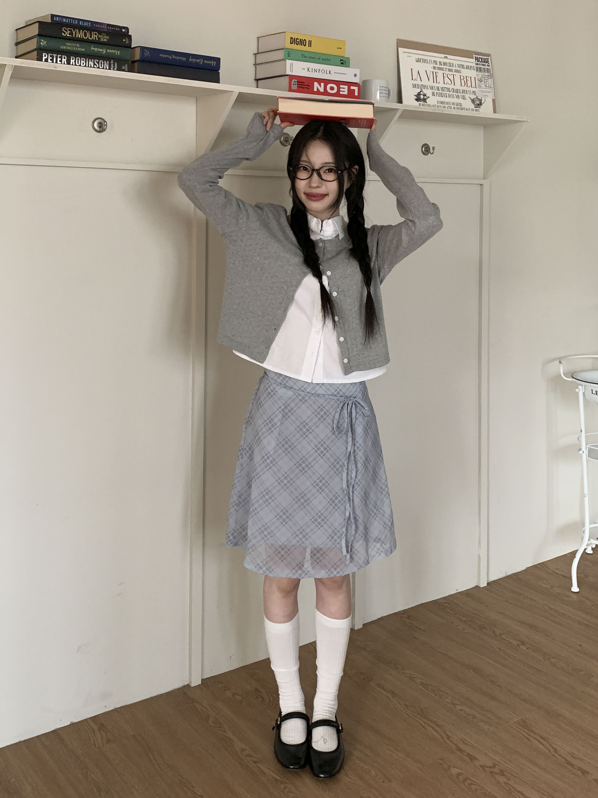 [하체커버♥] 허시 쉬폰 체크 리본 미디 스커트 2color 상세 이미지 13