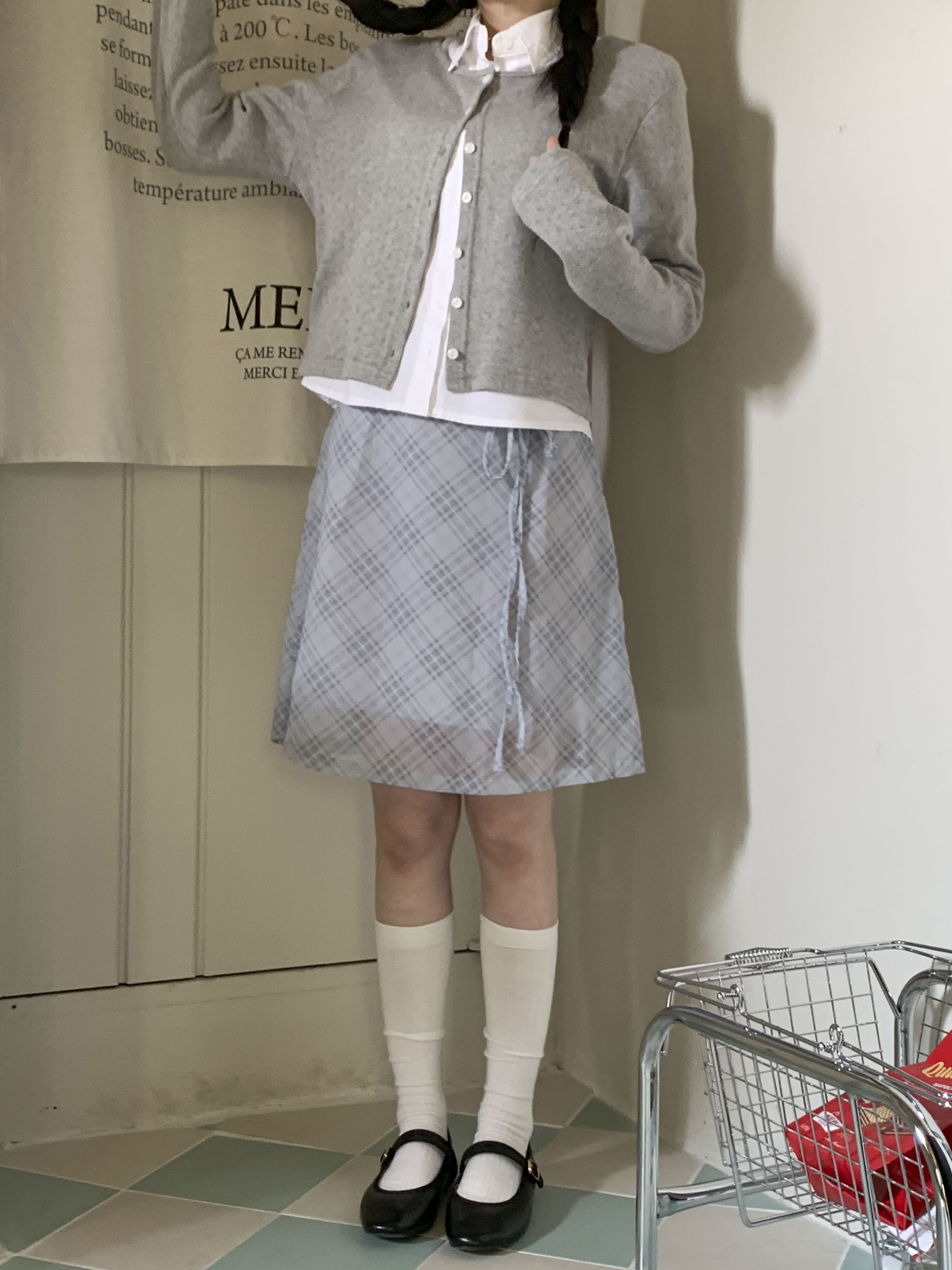 [하체커버♥] 허시 쉬폰 체크 리본 미디 스커트 2color 상세 이미지 14