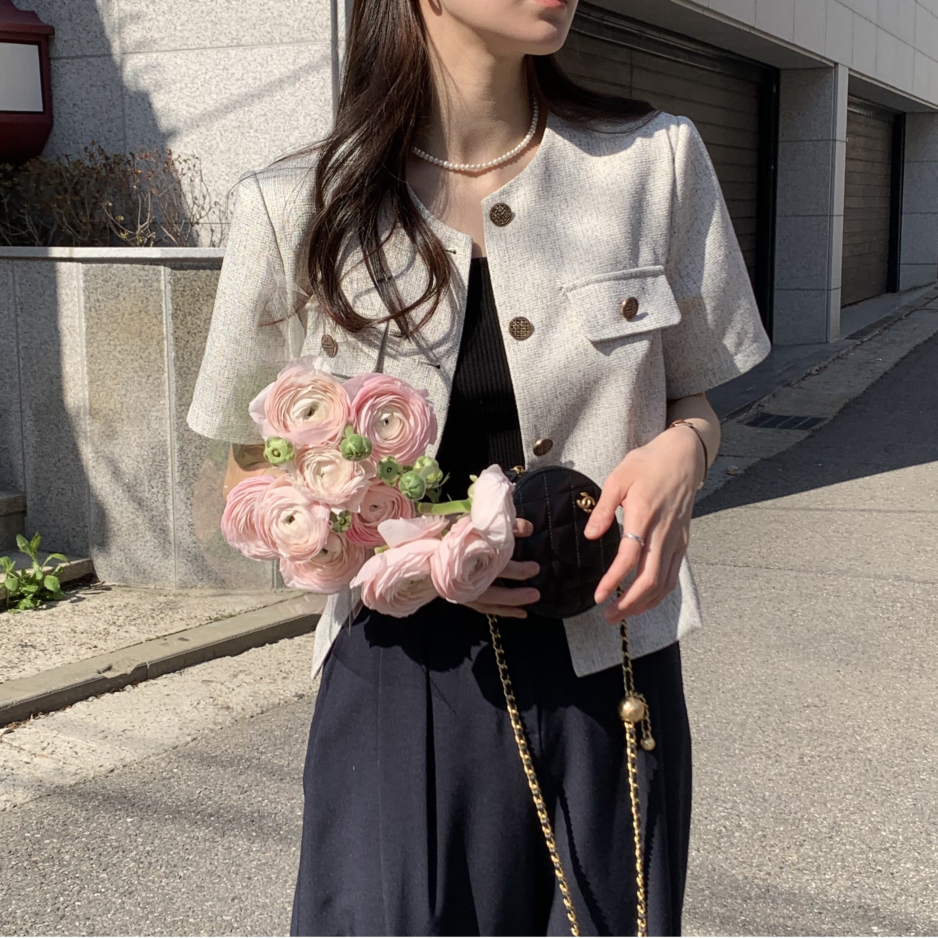 (자체제작)젤리 가을 간절기 루즈핏 긴팔 골드버튼 포켓 라운드넥 린넨 숏 트위드 하객룩 자켓