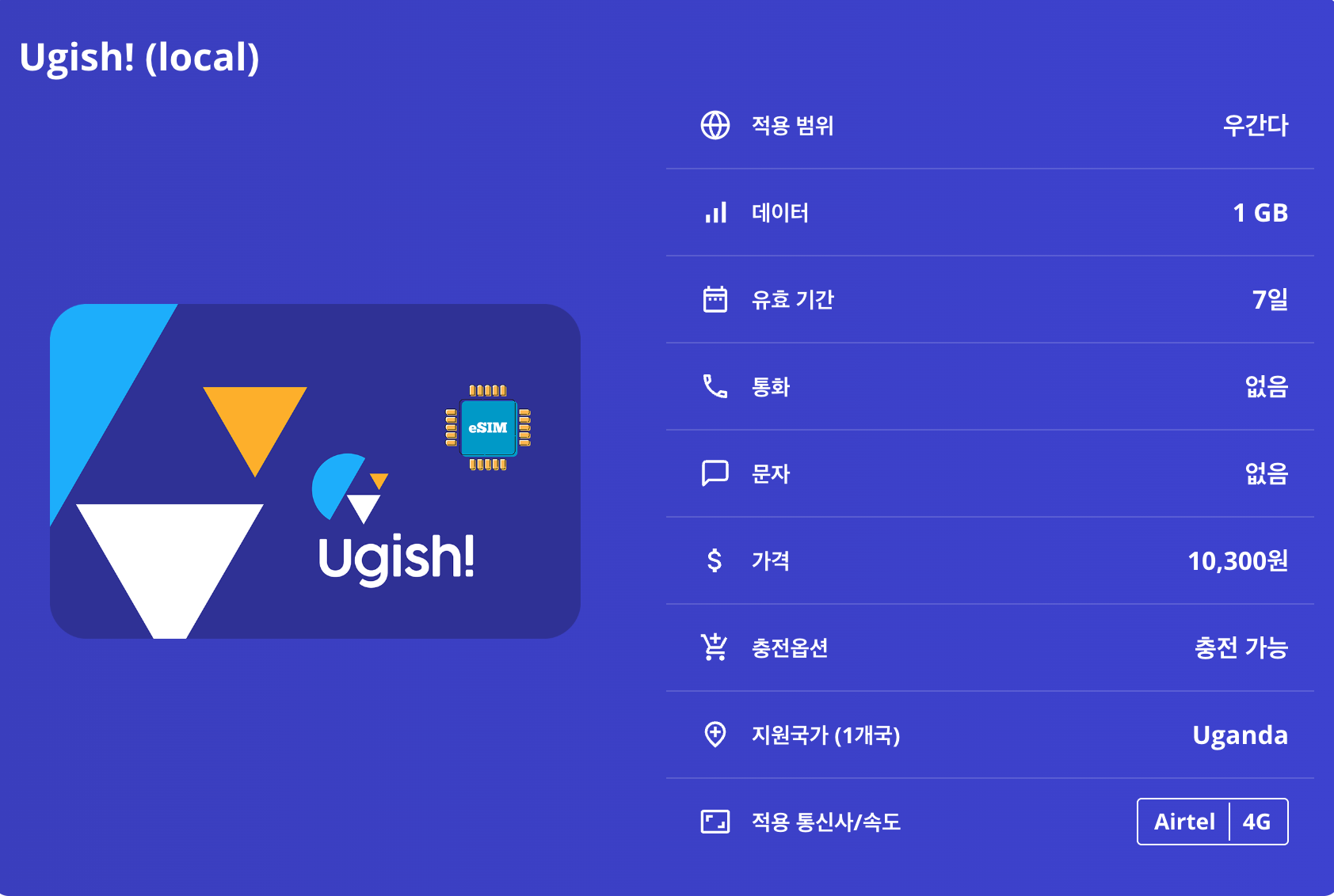 우간다 이심 eSIM Airtel 비론디 므가힝가 퀸엘리자베스 음부로 빅토리아 카진가 진자 루웬조리 시피 폭포 이심통 - 상세 이미지 5