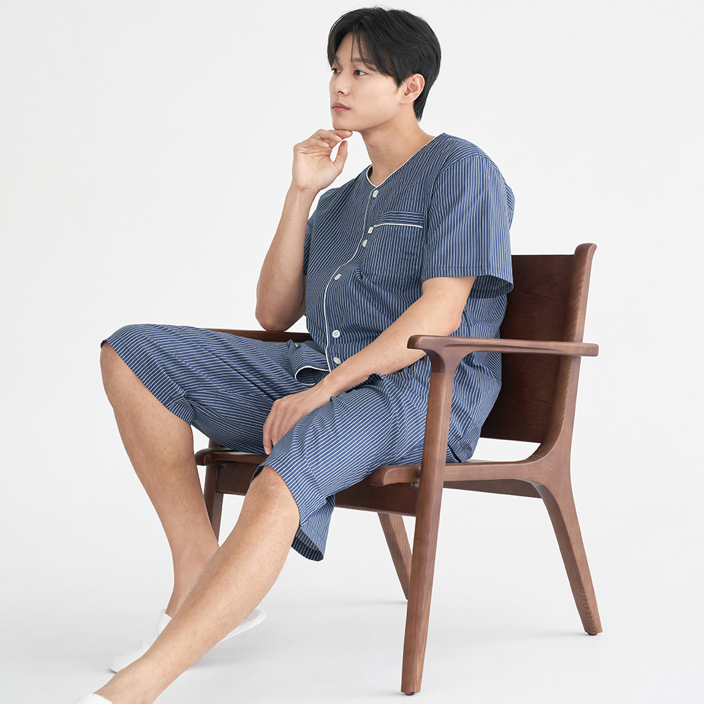 네이비ST 반팔 순면 남성 빅사이즈 잠옷 세트 - 메인 이미지