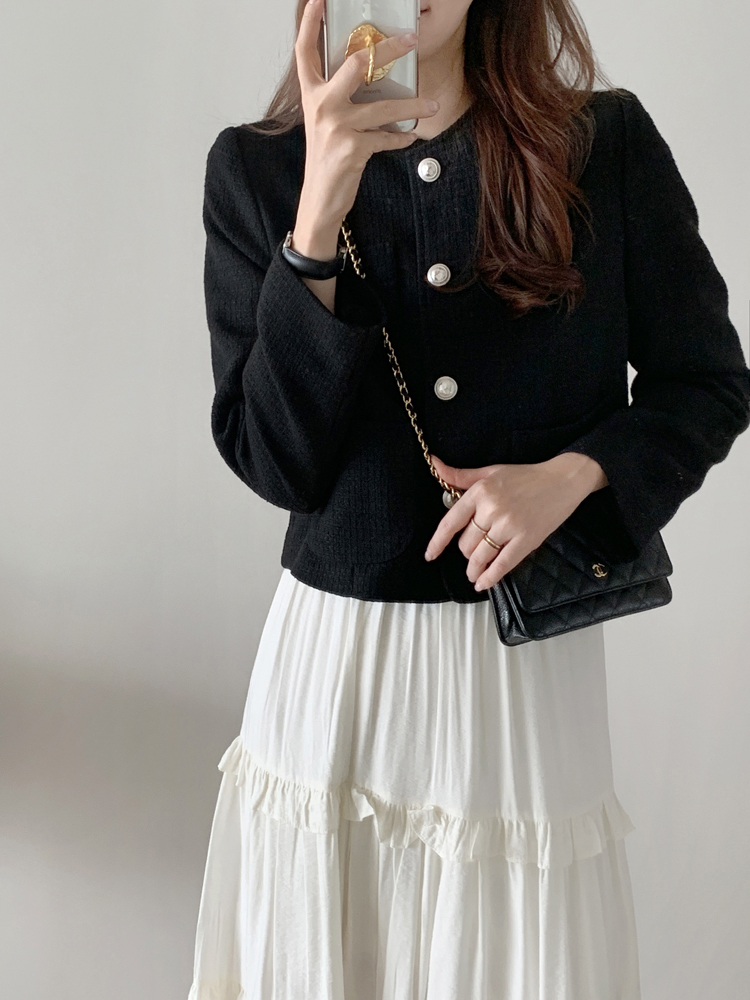 루즈핏 라운드넥 세미 크롭 트위드 자켓 노카라 재킷 숏 여자 재킷 여성 가을자켓 블랙 핑크