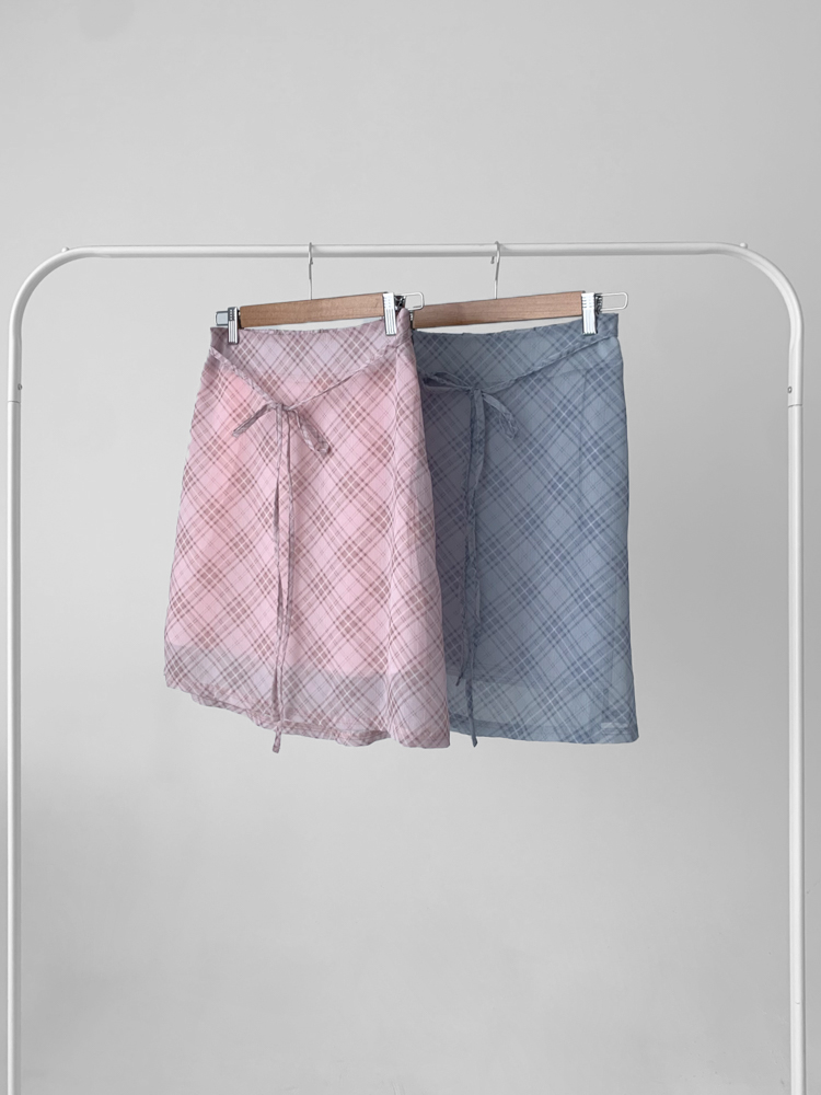 [하체커버♥] 허시 쉬폰 체크 리본 미디 스커트 2color 상세 이미지 20