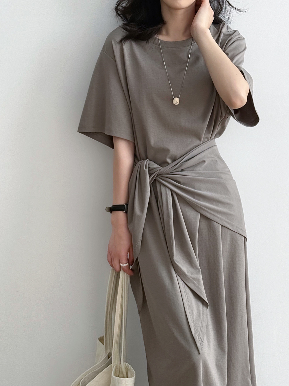 반팔 허리매듭 드레이프원피스 체형커버원피스 내추럴 롱원피스 빅사이즈