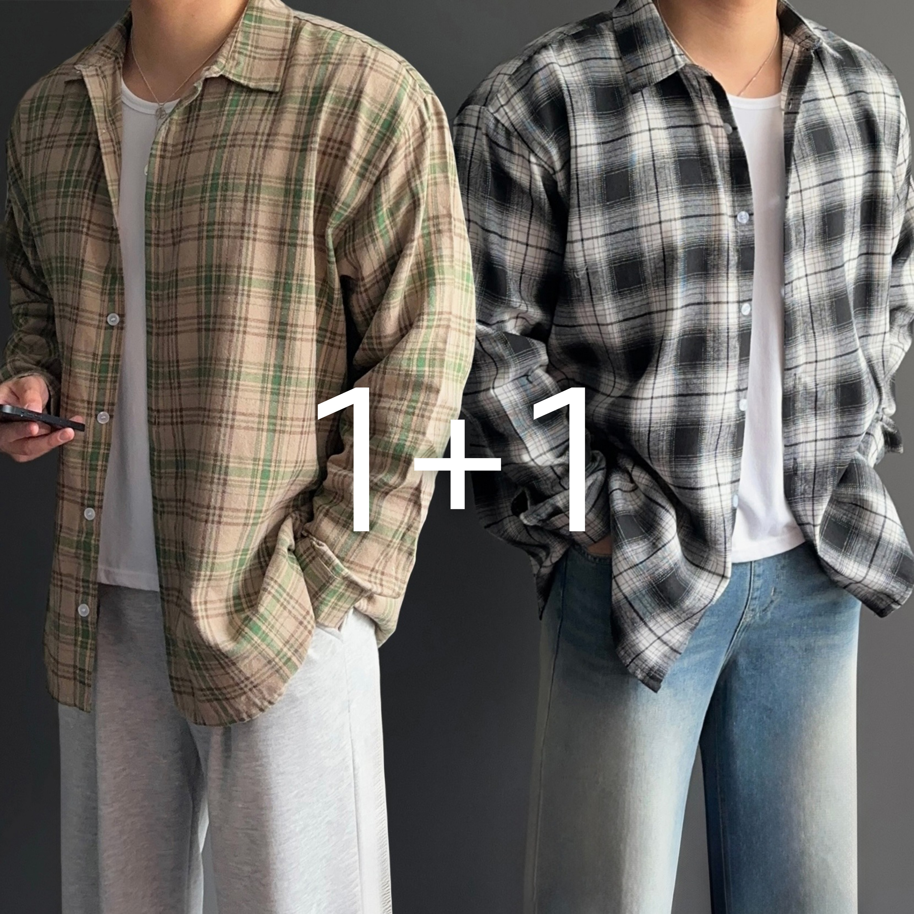 1+1 플란넬셔츠 남자체크남방 남자루즈핏셔츠 - 상품 이미지
