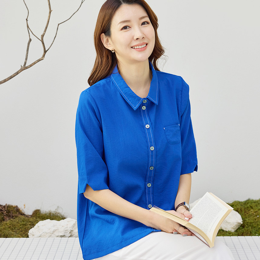 여성 스티치 카라 루즈핏 반팔 셔츠 자켓 여름 외출복 패션 하객룩 빅사이즈