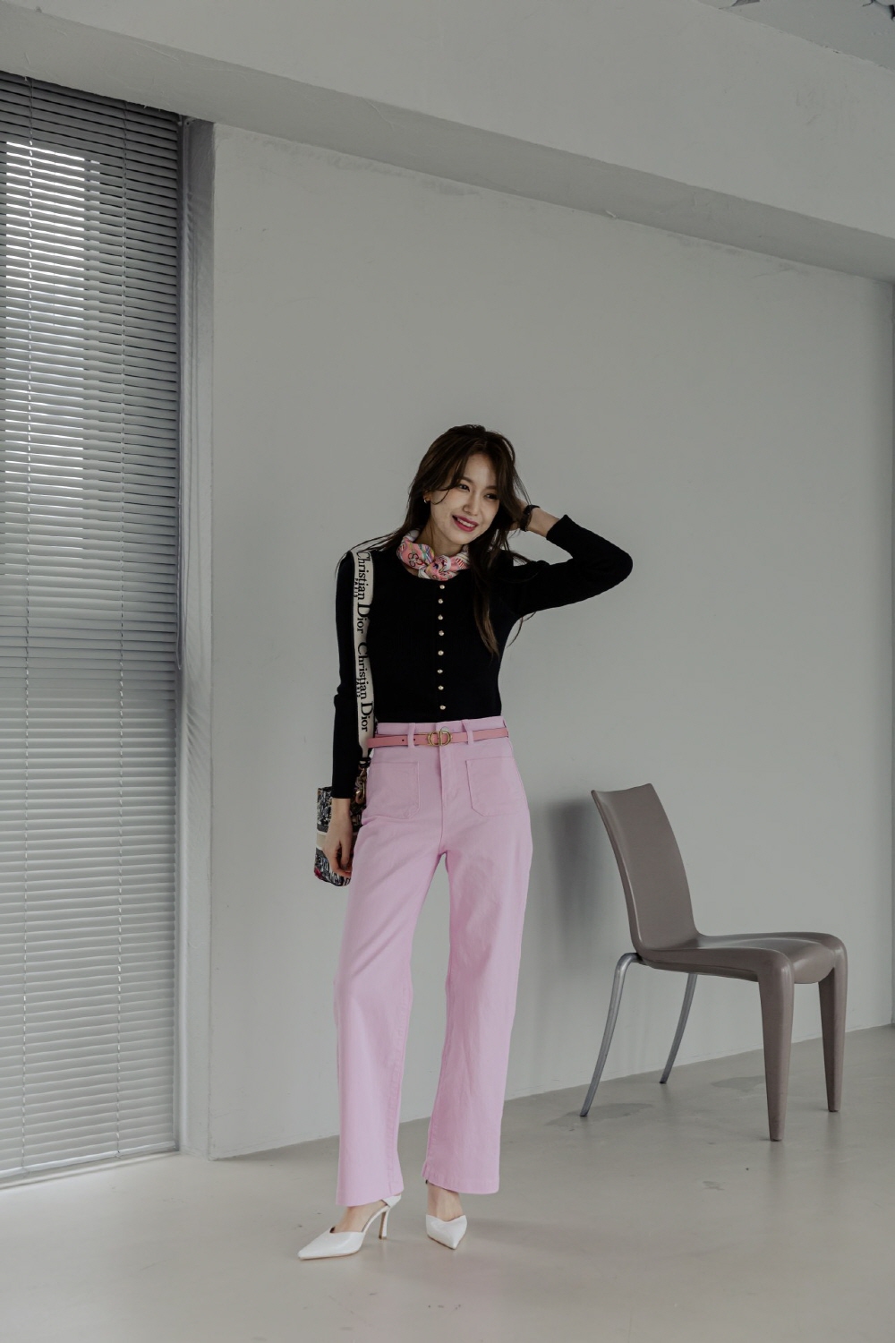핑크바지 와이드팬츠 여성면바지 하이웨스트 히든밴딩 앞포켓 통바지 팬츠 - 상세 이미지 2