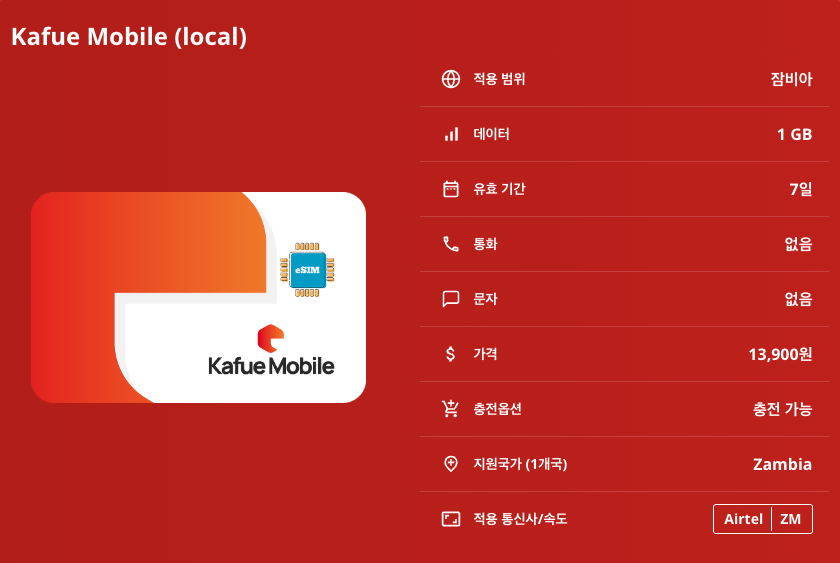 잠비아 로컬망 이심 eSIM MTN 루사카 리빙스톤 키트웨이 크루거국립공원 빅토리아폭포 로워잠베지국립공원 카훼국립공원 사우스루앙과국립공원 이심통 - 상세 이미지 5