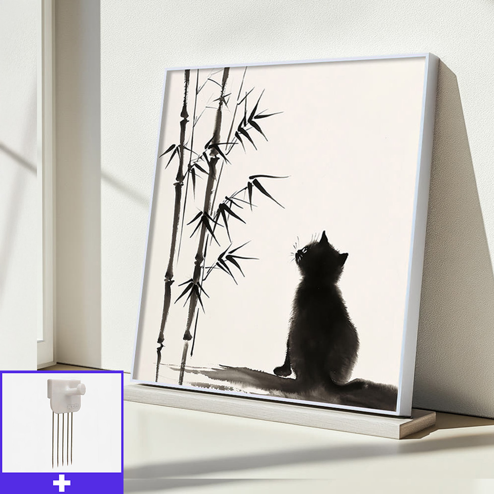 대나무와고양이 45X45cm 무광화이트 알루미늄액자 대나무그림 - 메인 이미지