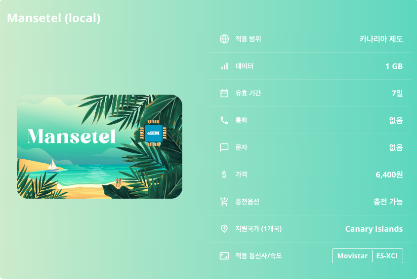 카나리아 제도 이심 eSIM Movistar LTE 스페인령 테네리페 그란카나리아 란사로테 푸에르테벤투라 라팔마 엘이에로 테네리페산 로스로케스 마스팔로마스 사막 가라호나이 이심통 - 상세 이미지 5