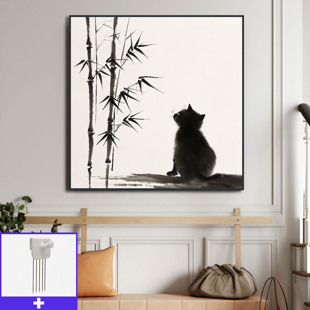 대나무와고양이 80X80cm 무광블랙 알루미늄액자 대나무그림 - 상품 이미지