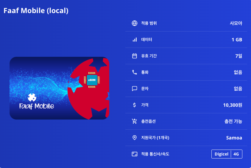 사모아 이심 eSIM Digitel LTE 아피아 살렐롤로가 루피루피 토수아 오션 트렌치 아푸아아우 레팔레수아 마누아 섬 이심통 - 상세 이미지 5
