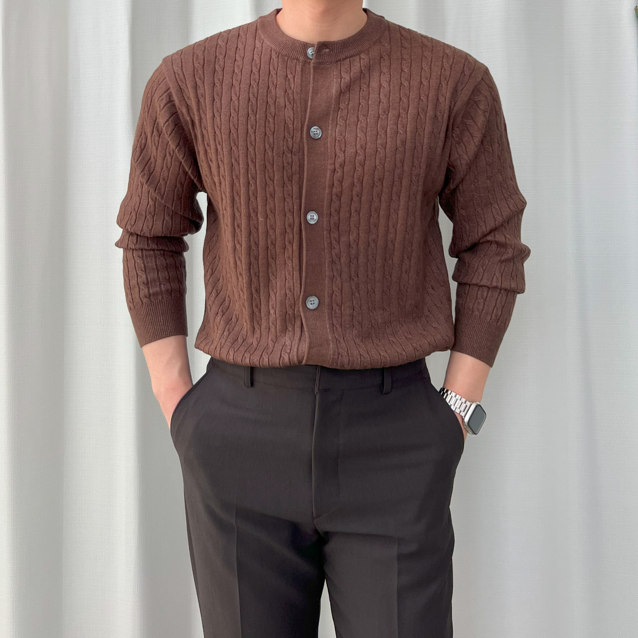 반타 봄가을 라운드넥 슬림 남자 케이블 워셔블 니트 가디건 이미지 6