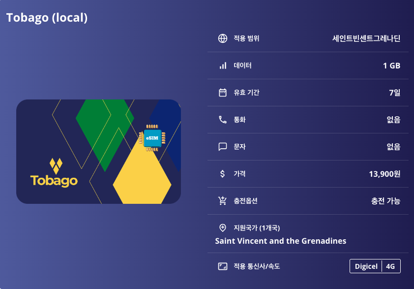 세인트빈센트그레나딘 이심 eSIM Digicel 킹스타운 비퀘 캐노안 유니온 아일랜드 무스티크 그레나딘 이심통 - 상세 이미지 5