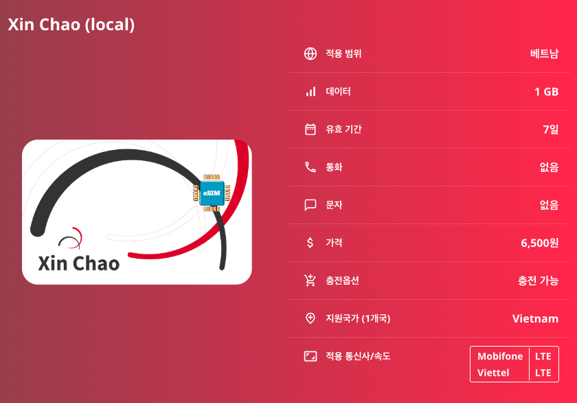 베트남 이심 eSIM Mobifone, Viettel LTE 하노이 호치민 다낭 호이안 후에 하롱 나트랑 달랏 껀터 이심통 - 상세 이미지 5