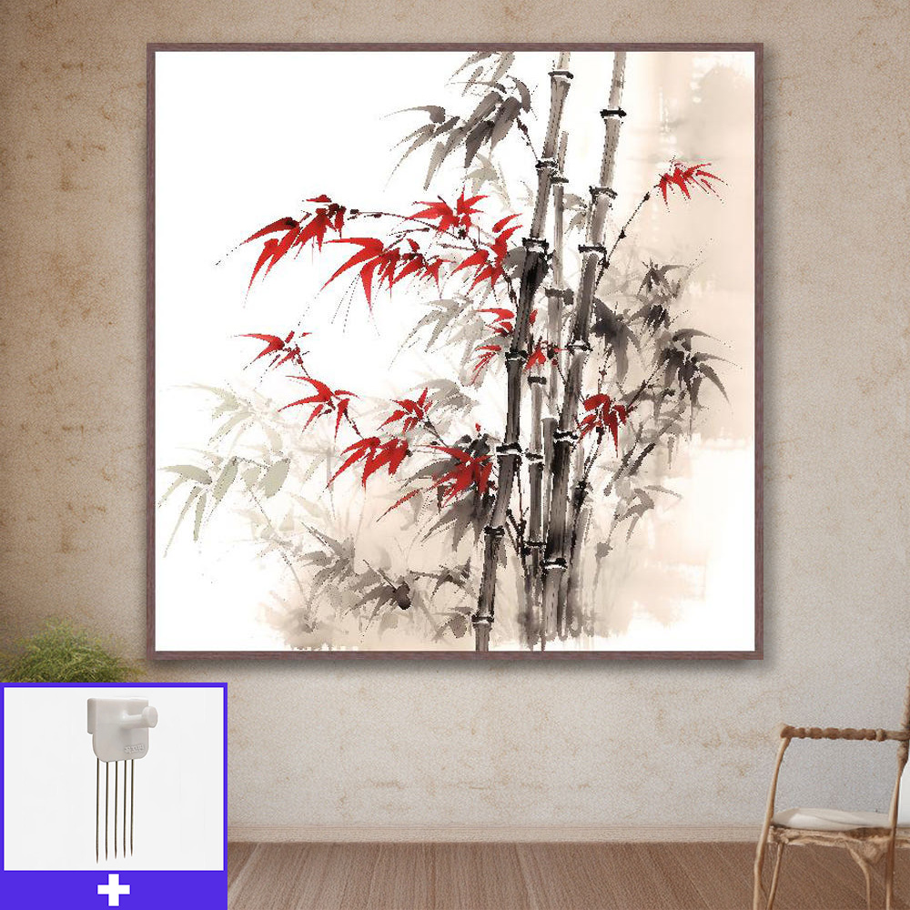 단풍 대나무 80x80cm 무광체리 알루미늄액자 대나무그림 - 메인 이미지