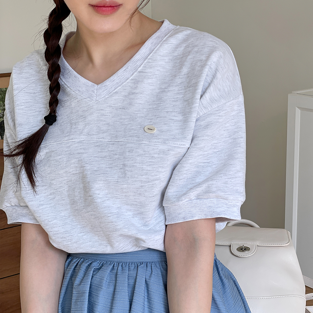 자수 나그랑 여성 브이넥 반팔 맨투맨 티셔츠 세미 크롭티 - 상세 이미지 5
