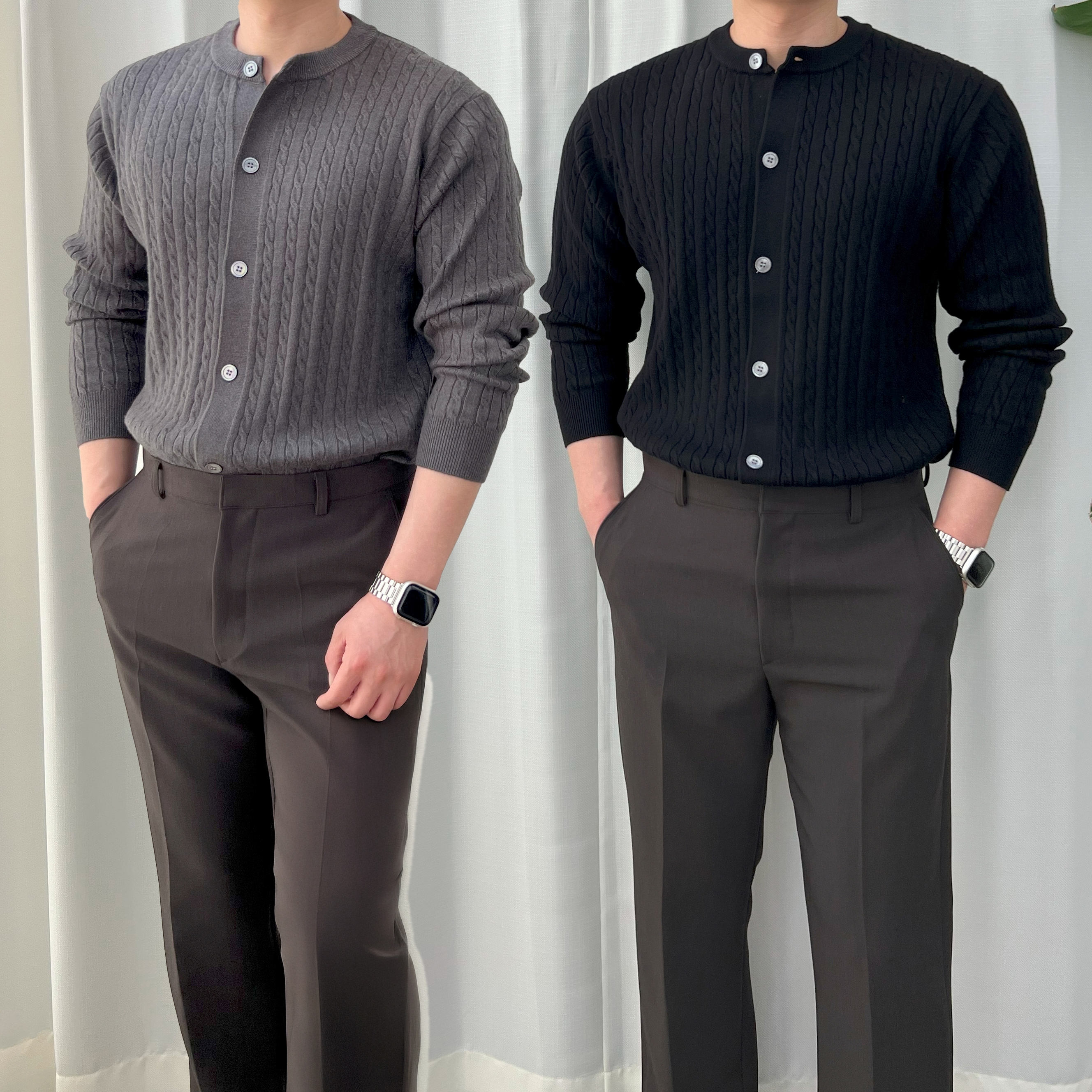 반타 봄가을 라운드넥 슬림 남자 케이블 워셔블 니트 가디건 - 상품 이미지
