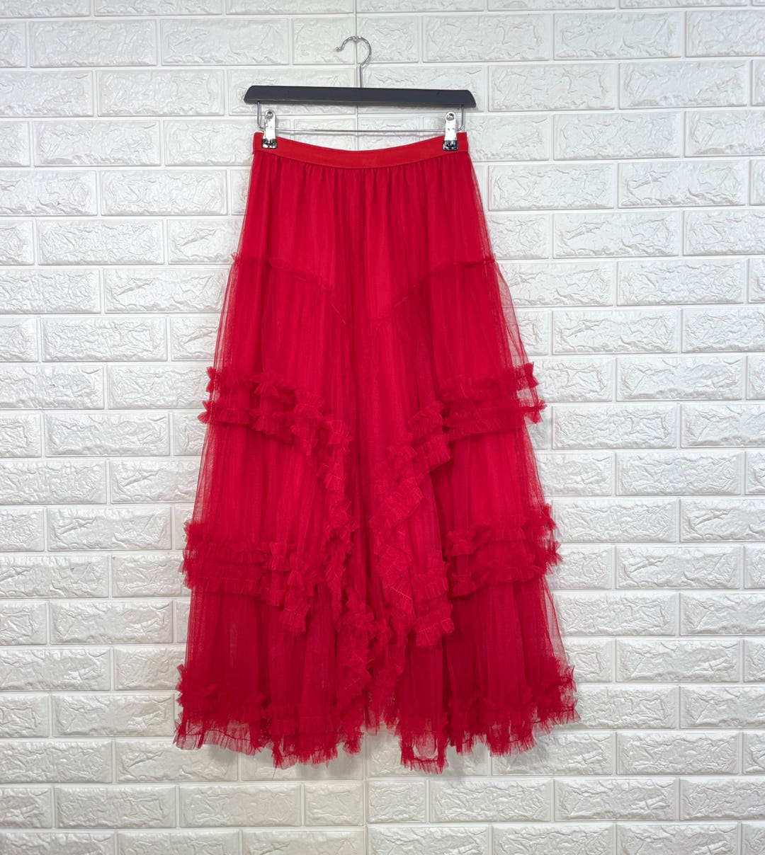 끝단말끔손질 풍성 자수 시스루롱 샤스커트 레이스 망사 플레어치마 A라인 케이크프릴 레드 - 상품 이미지