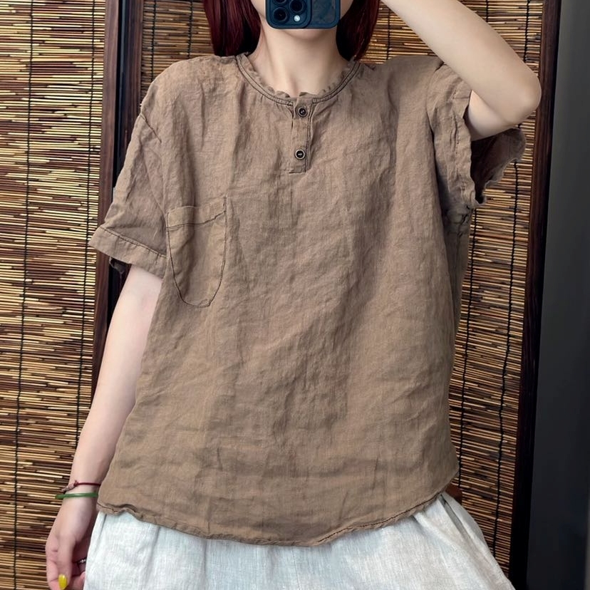 린넨블라우스 반팔 스티치 여름블라우스 9182 - 상세 이미지 3