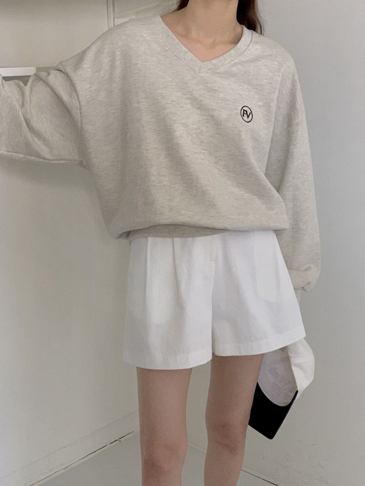 오버핏 FV 자수 코튼 브이넥 여성 맨투맨 박스티 여자 가을 티셔츠 면 레이어드 티셔츠 - 상세 이미지 4