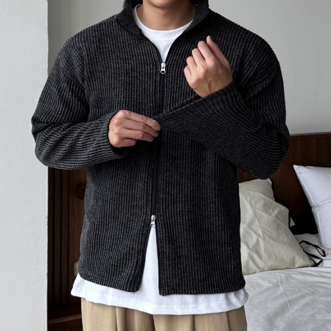 남자 아메 오버핏 봄 가을 간절기 골지 반목 투웨이 집업 가디건