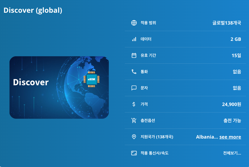 글로벌138개국 이심 eSIM 데이터 전용 | 일본 대만 홍콩 태국 베트남 싱가포르 말레이시아 인도네시아 필리핀 중국 캄보디아 프랑스 이탈리아 스페인 영국 독일 스위스 이심통