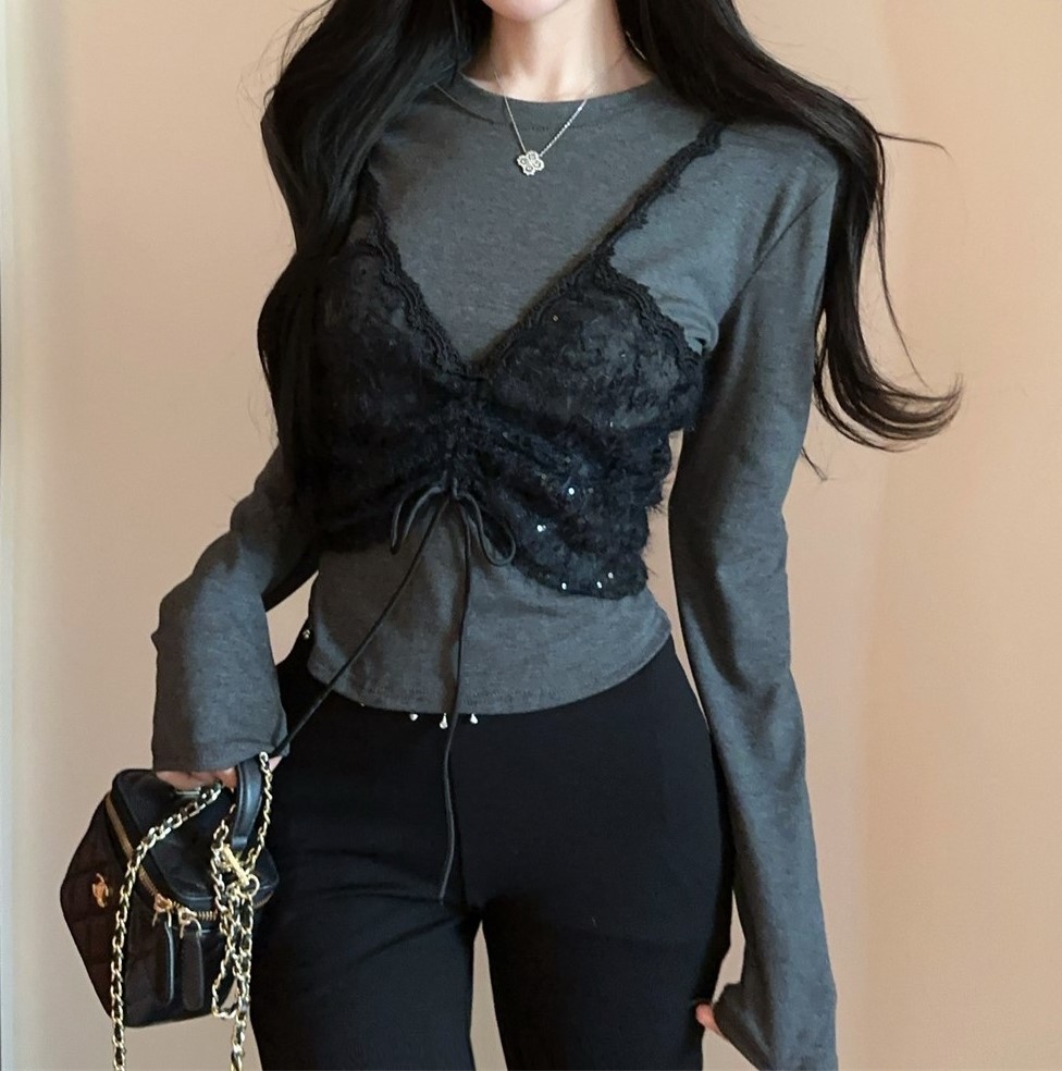 얇은원단 사방면스판 뷔스티에 긴팔티셔츠 보들촉감 레이어드 브레이스티 여자여자몰 - 상품 이미지