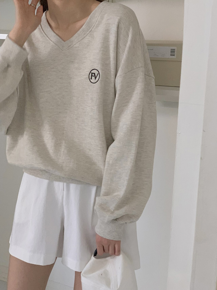 오버핏 FV 자수 코튼 브이넥 여성 맨투맨 박스티 여자 가을 티셔츠 면 레이어드 티셔츠 - 상세 이미지 5