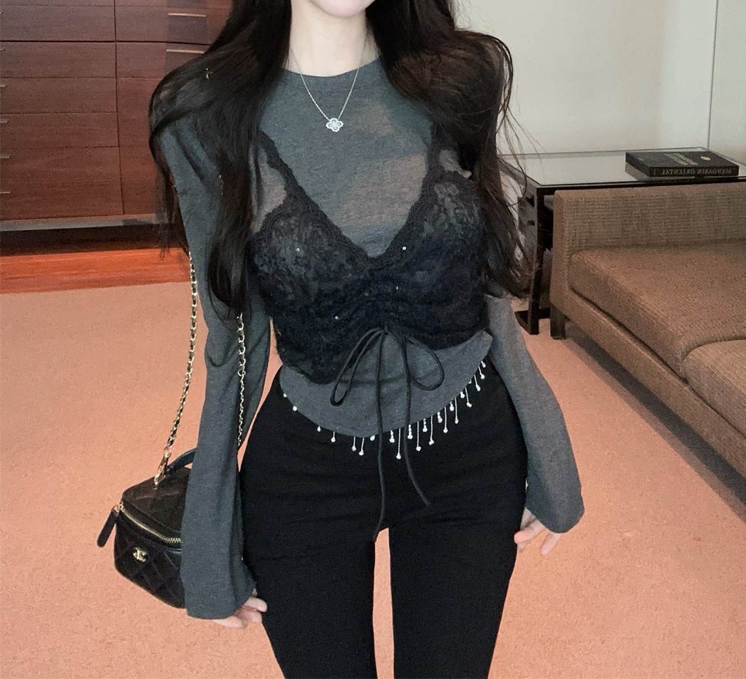 얇은원단 사방면스판 뷔스티에 긴팔티셔츠 보들촉감 레이어드 브레이스티 여자여자몰 - 상세 이미지 3