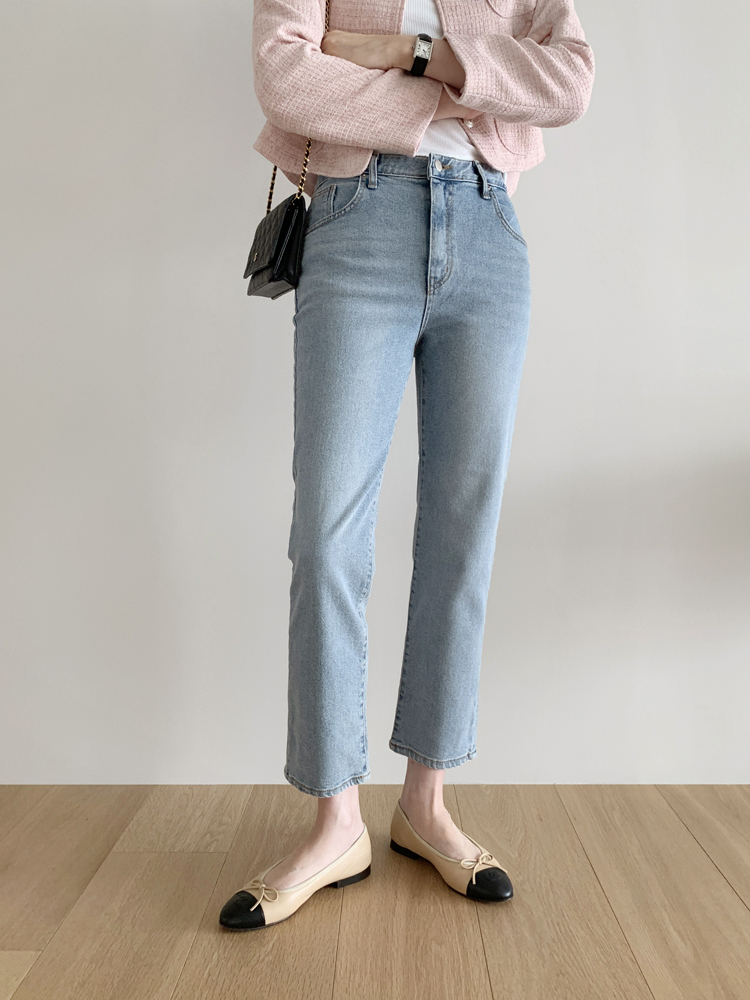 하이웨스트 캣워싱 스판 일자청바지 9부 연청 데님 팬츠 여성 청바지 연청바지 키작녀청바지