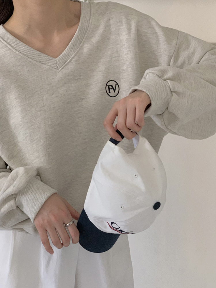 오버핏 FV 자수 코튼 브이넥 여성 맨투맨 박스티 여자 가을 티셔츠 면 레이어드 티셔츠