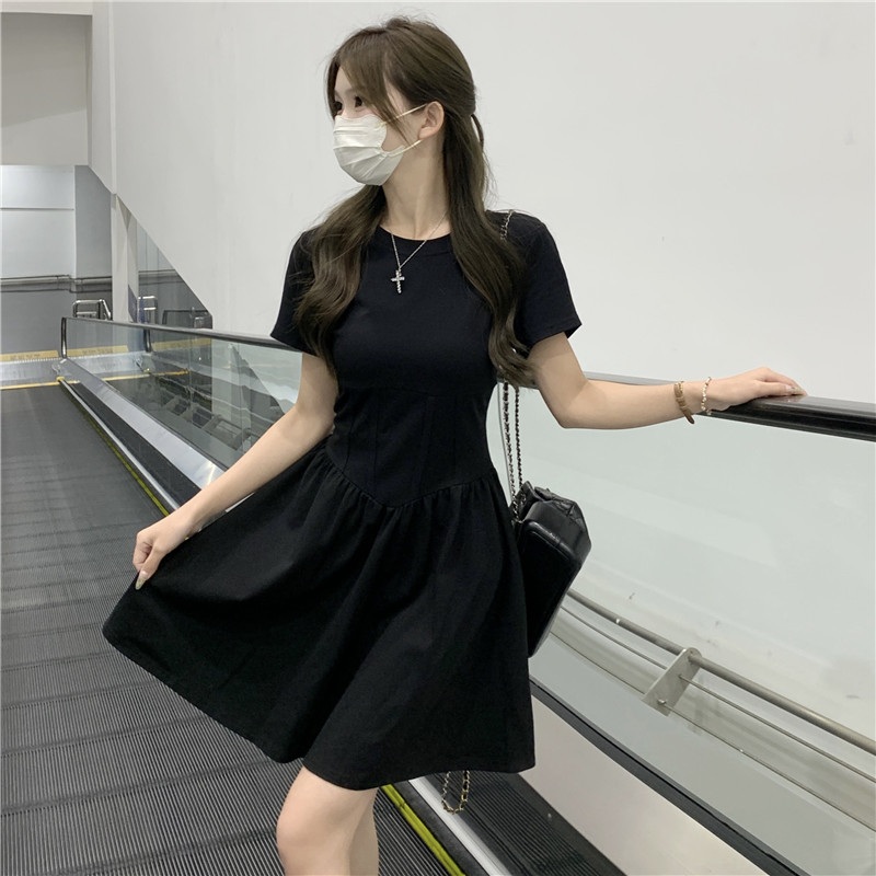여름 블랙 셔링 캡소매 슬림핏 미니 원피스 블랙- 숏버전 S - 상세 이미지 4
